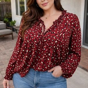 NWT 2X Leopard Print Ruffled Neckline Long Sleeve Blouse • Flowy Relaxed Fit